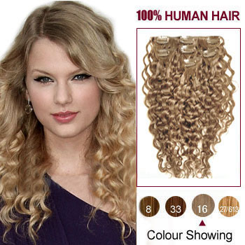 16 inches Golden Blonde (#16) 9PCS Curly Clip In Brazilian Remy Hair Extensions