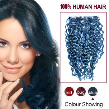 18 inches Blue 7pcs Curly Full Head Set Clip In Indian Remy Hair Extensions