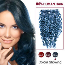 16 inches Blue 9PCS Curly Full Head Set Clip In Indian Remy Hair Extensions