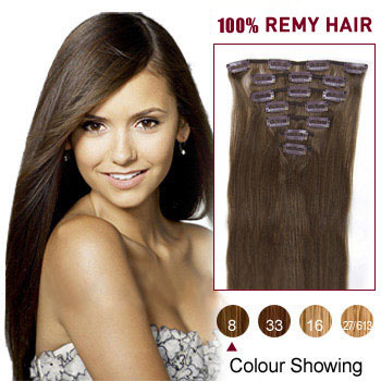 16 inches Ash Brown (#8) 9PCS Straight Clip In Indian Remy Hair Extensions