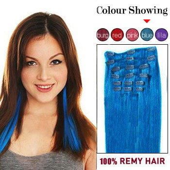 20 inches Blue 7pcs Straight Full Head Set Clip In Indian Remy Hair Extensions