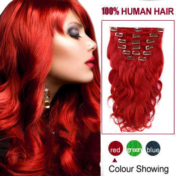 16 inches Red 7pcs Wave Full Head Set Clip In Indian Remy Hair Extensions