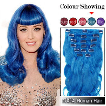 20 inches Blue 9PCS Wave Full Head Set Clip In Indian Remy Hair Extensions