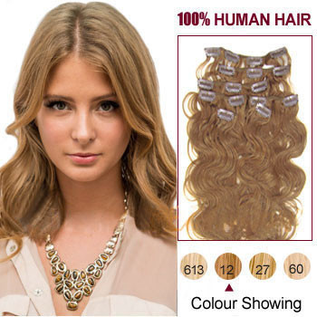 16 inches Golden Brown (#12) 7pcs Wavy Clip In Indian Remy Hair Extensions