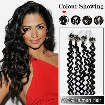 22 inches Jet Black (#1) 100S Curly Micro Loop Human Hair Extensions