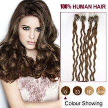 16" Ash Brown (#8) 50S Curly Micro Loop Human Hair Extensions