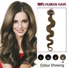 24 inches Light Brown (#6) 100S Wavy Micro Loop Human Hair Extensions