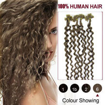 20 inches Light Brown (#6) 100S Curly Nail Tip Human Hair Extensions