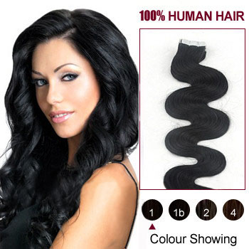 16 inches Jet Black (#1) 20pcs Wavy Tape In Human Hair Extensions