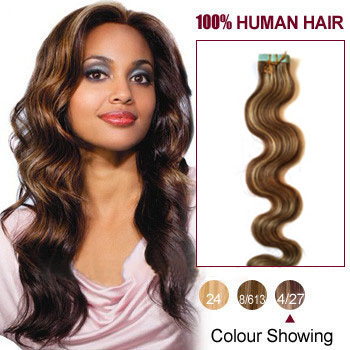 26 inches Brown/Blonde (#4/27) 20pcs Wavy Tape In Human Hair Extensions