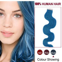 28 inches Blue 20pcs Wavy Tape In Human Hair Extensions